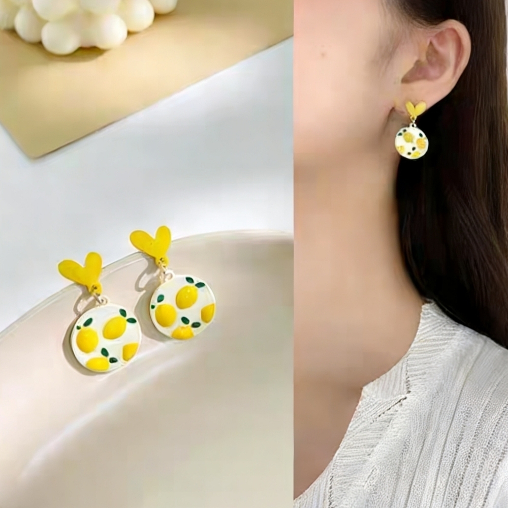 NEW Lemon Drop Earrings Yellow Heart & Citrus Dangle Statement